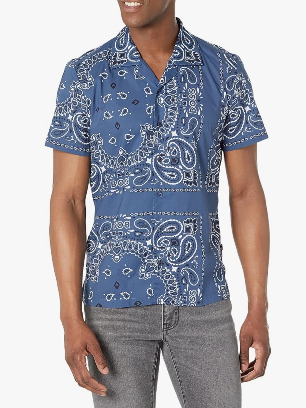 BOSS Mens Modern Bandana Print Short Sleeve Cotton Button Down Regular Fit L